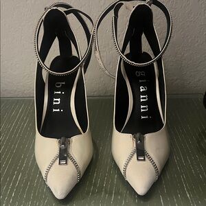 Gianni Bini Ivory and Silver Pointed-Toe Ankle Strap Heels